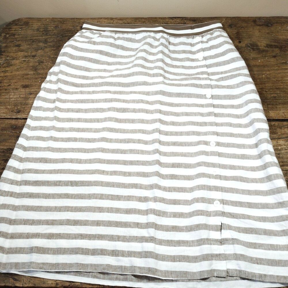 J Jill Love Linen Skirt Sz 2X Brown White Stripe Button Front Midi 100% *READ